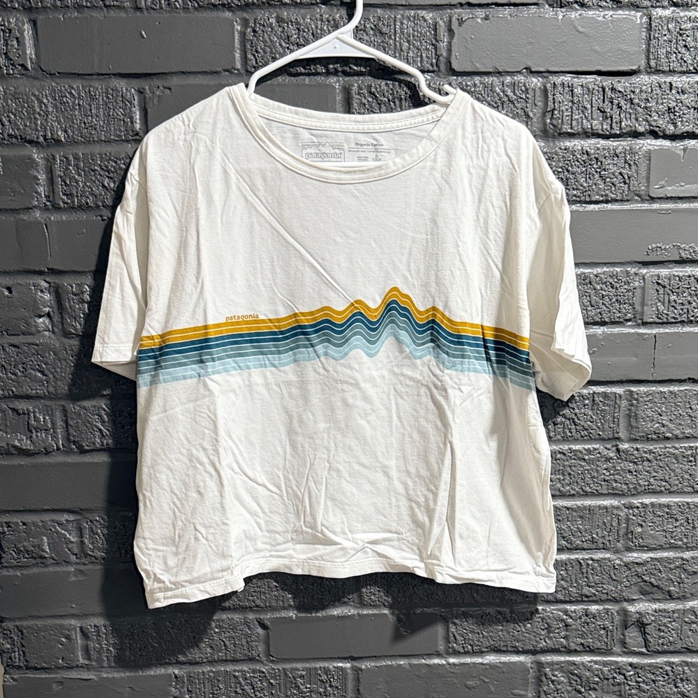 Patagonia White Tee with Blue and Yellow Wave Design